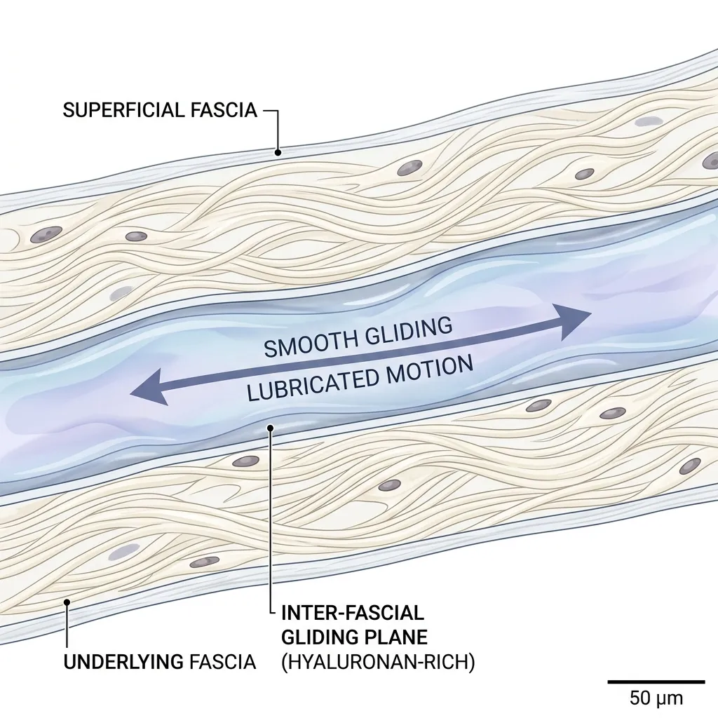 Microscopic view of healthy fascia layers gliding smoothly versus dense, crystallized fascia