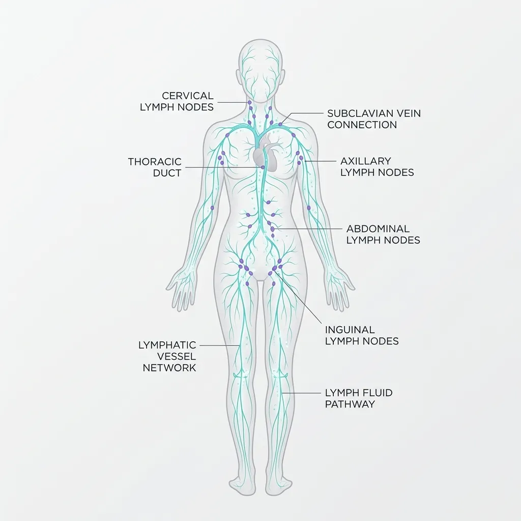 Anatomical diagram of the lymphatic system network and lymph nodes